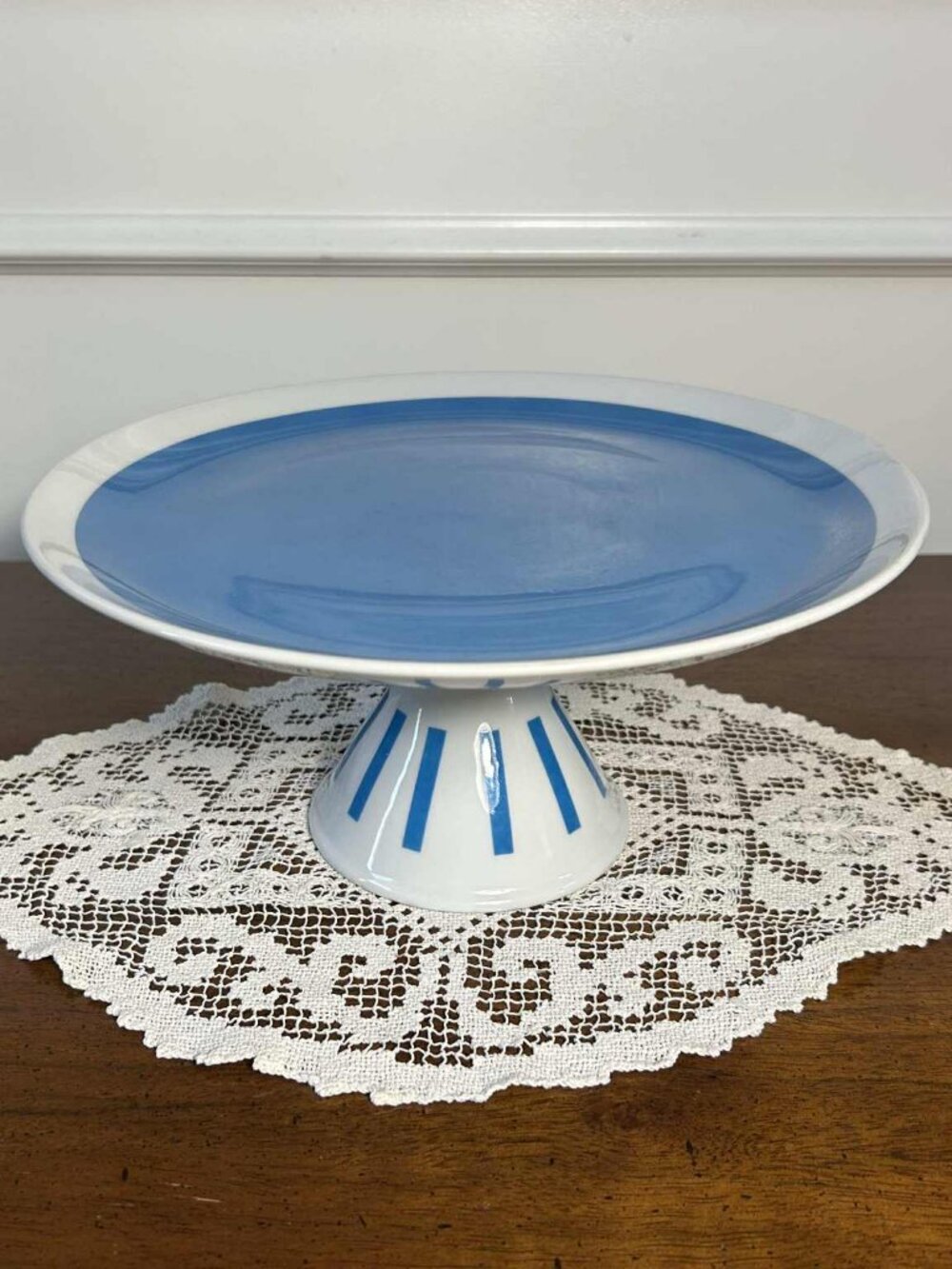 MCM turquoise and white porcelain cake stand